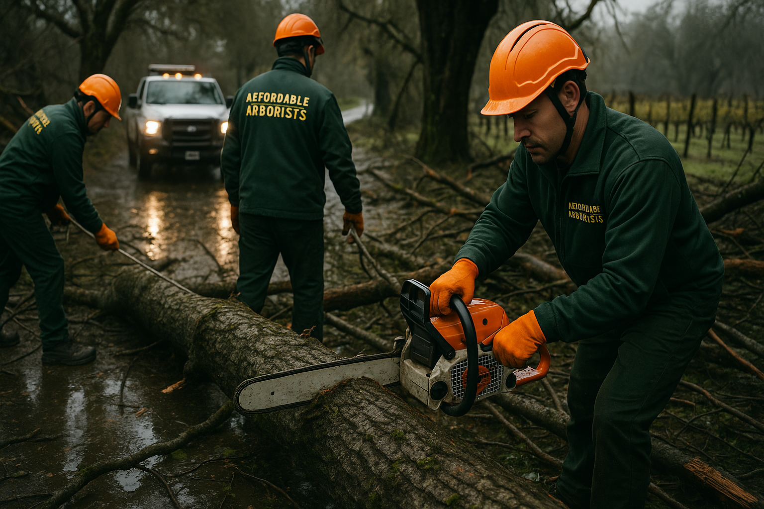 emergency storm response team of professional arborists clearing roads